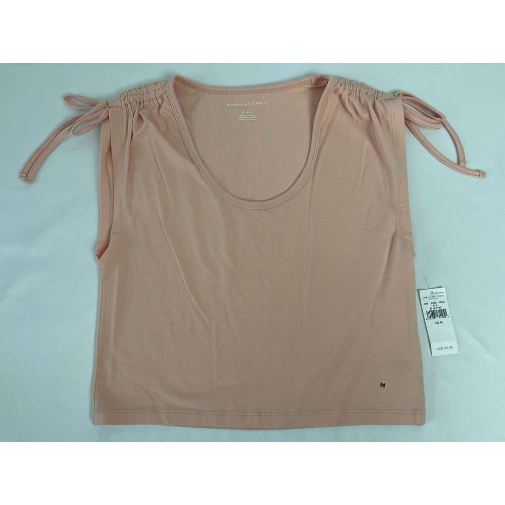 American Eagle Women Peach Cinched Tie Shoulder Scoop Neck Crop Tank Top M NEW